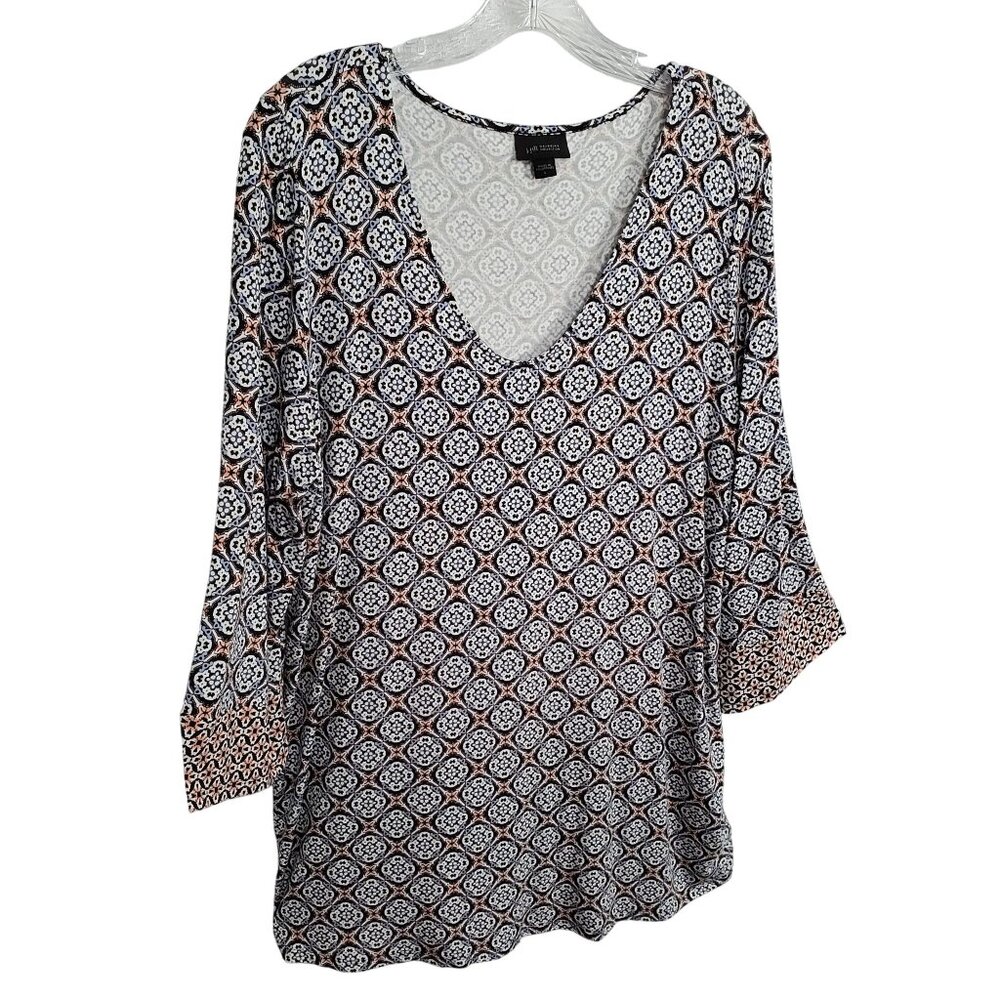 J Jill Wearever L Tunic Geometric Floral Print V Neck 3/4 Wide Sleeve Fluttery